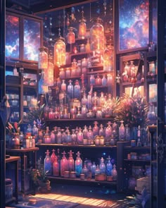 a room filled with lots of bottles next to a window covered in stars and clouds