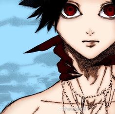 an anime character with red eyes and chains around his neck is staring at the camera