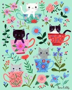 two cats are sitting in teacups surrounded by flowers and butterflies on a green background