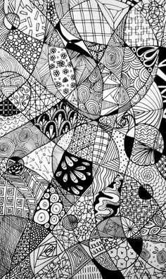 black and white drawing of abstract shapes with lots of lines on the bottom half of it