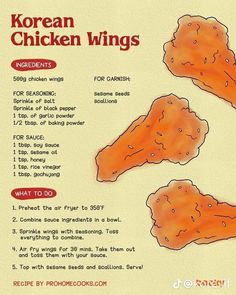 the instructions for korean chicken wings are shown in red and orange ink on white paper