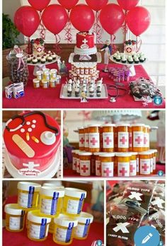 a collage of pictures with balloons, cake and other items on the table at a nursing school graduation party