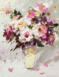 a painting of pink and white flowers in a vase