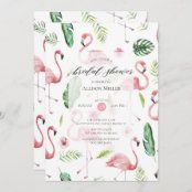 a wedding card with flamingos and tropical leaves on white marble background, in the style of watercolor painting