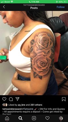 a woman with a rose tattoo on her arm