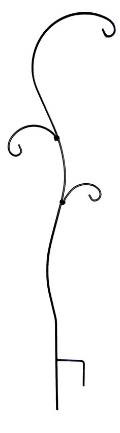 Create a beautiful display of your wind chimes, flowering baskets, or bird feeders with this tall staked garden hook. Curved lines and three hooks for placement offer a graceful and unique alternative to standard staked hooks. Place in and among your flower beds, or line a pathway with lights and chimes. Features a step-in base that anchors the item in the soil, keeping it secure and upright. Constructed of steel with rich black, powder coated finish to withstand the outdoor elements. Style Sele Garden Objects, Shepards Hook, Garden Hooks, Steel Paint, Powder Coated Metal, Shepherds Hook, Garden Accents, Curved Lines, Welding Art