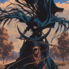 a demonic creature with long hair holding a spear in its hands and standing next to trees