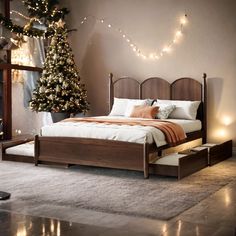 [Rustic Design] This elegant bed features a curved headboard and four rounded pillars, blending classic sophistication with modern design for a timeless look. Perfect for adding style and comfort to any bedroom. Wood Bedframe Aesthetic, Vintage Wooden Bed Frame, Queen Bed Frame Ideas, Bedframe Aesthetic, King Bed Frame Ideas, Western Bed Frame, Bed Curved Headboard, Wood Queen Bed Frame, Queen Bed With Storage