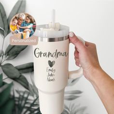 Personalized Grandma tumbler. 40 oz H2.0 Stainless Steel Quencher Tumbler features a 3 position lid with silicone to reduce leaks. As well as, a comfort grip handle and straw. Cup holder compatible and is able to keep drinks iced for up to 11 hours. And hot for 7 hours.  The lid features a rotating cover with three positions: a straw opening, a wide mouth for chugging, and a full-cover top to prevent spills. This travel tumbler is just what you need for all-day hydration. Take it with you to a h Grandma Tumbler, Straw Cup, Personalized Grandma, Tumbler With Handle, High Intensity Workout, 7 Hours, Grandma Gift, Travel Tumbler, Wide Mouth