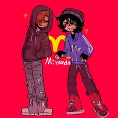 two young boys standing next to each other on a red background with the word m and d