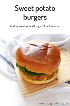 sweet potato burger on a cutting board with text overlay