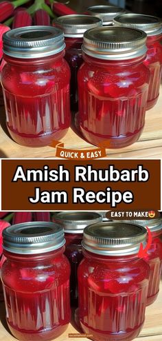 jars filled with jam sitting on top of a wooden table