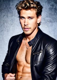 a shirtless young man in a leather jacket posing for a photo with his hands on his hips