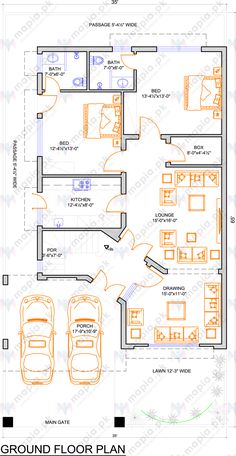 three bedroom house plan with 3 car garage and living room in the middle floor area