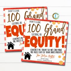 Realtor Marketing Gift Tags, Don't Leave 100 Grand in Equity, Candy Chocolate Client Customer Investment Pop By Tag, DIY Editable Template Realtor Marketing Gifts, Mortgage Marketing, Marketing Gift, Realtor Marketing, Dont Leave, Real Estate Information, Candy Chocolate, Tag Print, Don't Leave