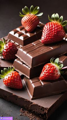 chocolate bars with strawberries on top are stacked on each other and placed next to each other