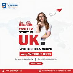 a woman in white shirt standing next to an airplane with the words, want to study in uk with scholarshipss without ielts