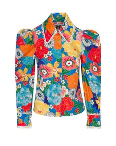 The Dolly Button-Down Pearl Trim Blouse Designer Multicolor Button-up Tops, Patterned Button-up Top With Vibrant Print, Multicolor Printed Button-up Blouse, Luxury Multicolor Button-up Blouse, Multicolor Vibrant Print Button-up Top, Silk Twill Scarf, French Seam, Baby Girl Shoes, Collar And Cuff