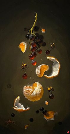 an oil painting of fruit floating in water