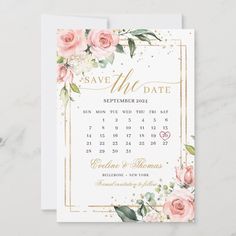 save the date card with pink roses and greenery on white paper, in gold foil