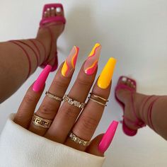 Neon Nail Designs, Colorful Nails, Pink Nail, Fire Nails, Short Acrylic Nails, Nail Arts, Nail Polishes