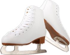 pair of white ice skates with brown soles