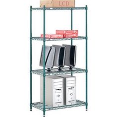 four tier shelving unit with file boxes and files on the bottom shelf, green