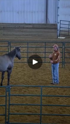 a woman standing next to a gray horse in a pen with another person looking at it