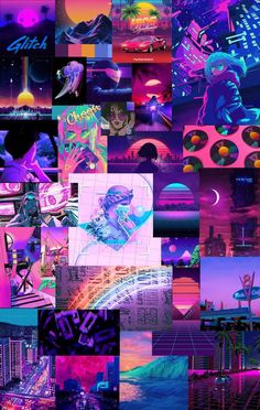 a collage of images with neon colors