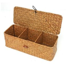 an empty wicker box with four compartments