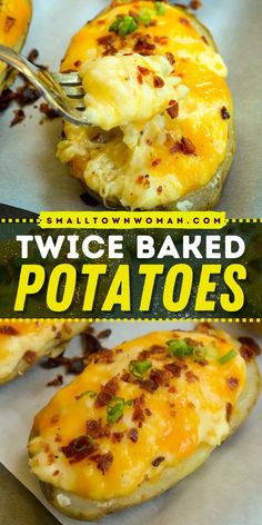 Quick to prepare this simple healthy side dish! This Twice Baked Potatoes recipe features creamy potatoes topped with crispy bacon, scallions, sour cream, green onions, and melted cheese. Make this delicious Christmas side dish recipe to add to any meal! Different Baked Potatoes, Gameday Sides, Dinner Ideas For Birthday, Twice Baked Potatoes In The Oven, Recipes For Two People Dinners, Twice Baked Potatoes Easy, Side For Steak, Baked Potato Fillings, Fathers Day Food