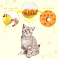 a cat sitting in front of an assortment of dog treats and toys, with the words soft combs written below it