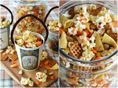 two pictures show different types of snacks in glass containers and on a wooden board with candy