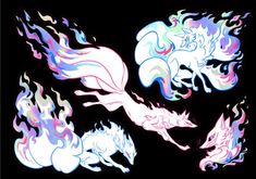 four unicorns with different colors and designs on them, all flying in the air