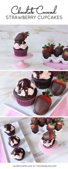 chocolate covered strawberries and cupcakes on plates