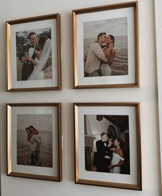 four framed photos hang on the wall next to each other, with one man and woman kissing