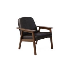 a black leather chair with wooden frame and arms