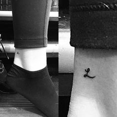 black and white photo of two people with small tattoos on their legs, one has an anchor