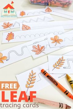 free leaf matching cards with crayons and pencils on the table next to them