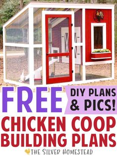 a chicken coop with the words free diy plans and pics written on it