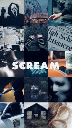 a collage of photos with the words scream written on them in white and black