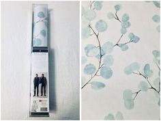 two pictures of wall paper with blue flowers on it