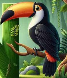 a toucan is sitting on a tree branch in the jungle with green plants