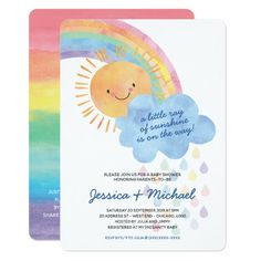 a rainbow themed wedding card with the sun and clouds