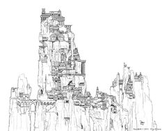 a black and white drawing of a castle on top of a mountain with tall buildings