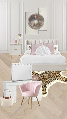 a white bedroom with pink accents and accessories on the floor, including a leopard print rug