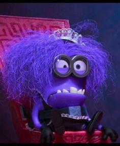 an animated character with purple hair wearing a tiara and sitting on a red chair