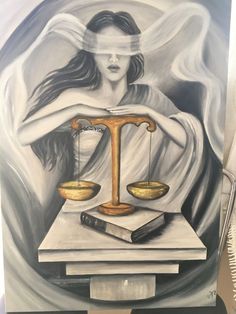 a painting of a lady justice holding two golden scales