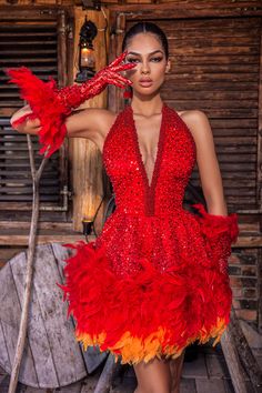 Embroidered with red pearls and beads.• Open chest• Open back• Fitted waist• Feathers • Gloves Phoenix Inspired Dress, Feather Inspired Fashion, Red Feather Dress, Red Fire Dress, Bird Inspired Fashion, Bird Outfit, Fire Inspired Dress, Fire Inspired Outfits, Fire Dress