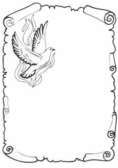 a black and white drawing of a bird flying in the sky with scroll border around it